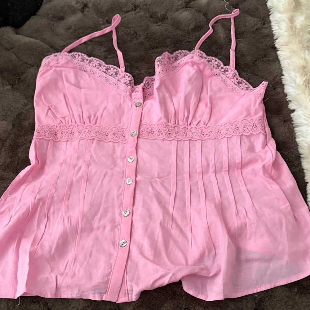 Love Tree Pink Lace Trim Button-Up Top